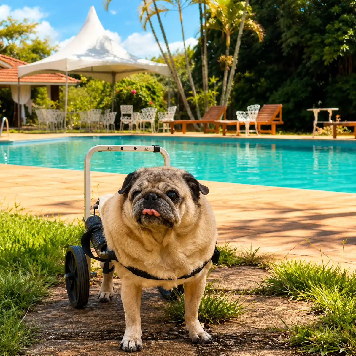 Cachorro feliz explorando o resort